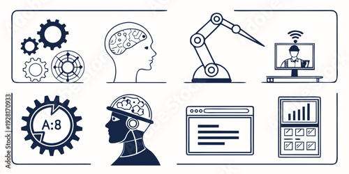 Illustration of various icons representing technology and human interaction Vector