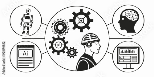Diverse group of people using various technological devices and tools. Vector