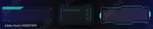 Set of three futuristic hud elements, digital interface panels with glowing cyan accents on a dark blue background with vector illustration