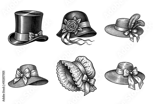 Vintage headwear collection featuring various classic hat styles in a detailed monochrome woodcut engraving aesthetic