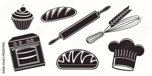 Assorted kitchen utensils and ingredients displayed on a white background Vector