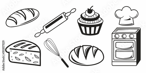 Assorted bakery items and tools displayed in a circular arrangement Vector