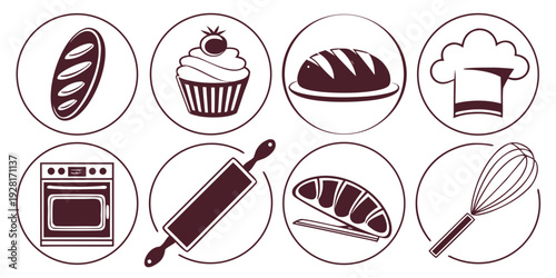 An assortment of delicious breakfast foods including pastries, eggs, and meats. Vector