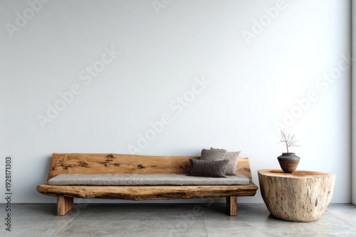 Rustic wooden seating arrangement sits against a minimalist bright white wall