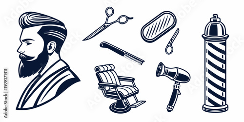 A diverse collection of barber tools and accessories arranged in a row. Vector