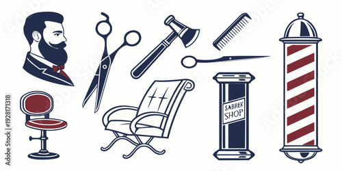 A collection of barber tools including scissors, clippers, and combs. Vector