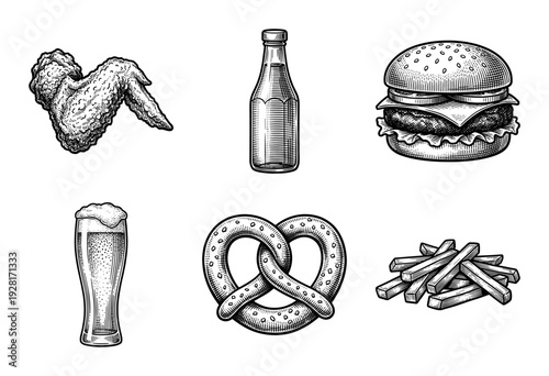 Vintage woodcut style collection of fast food and pub snacks featuring burger fried chicken wing pretzel fries and beer