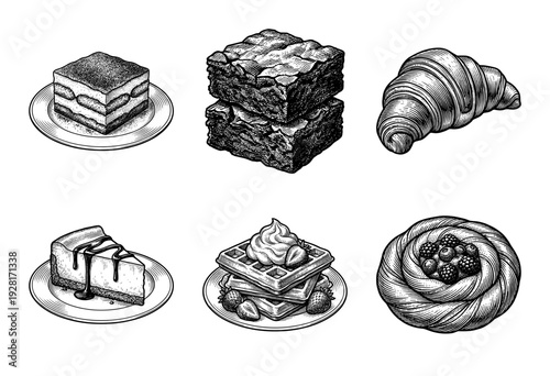Vintage engraving style collection of assorted desserts and pastries featuring cakes, brownies, croissants, waffles, and fruit tarts.