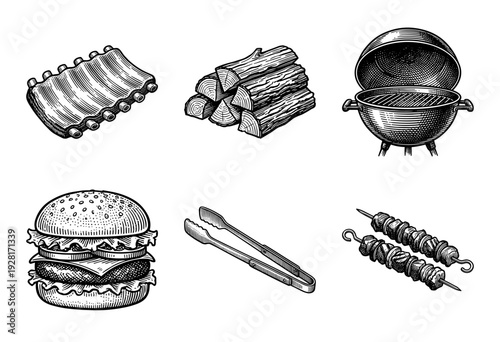 Vintage engraving style barbecue and grilling collection featuring ribs, logs, kettle grill, burger, tongs, and skewers.