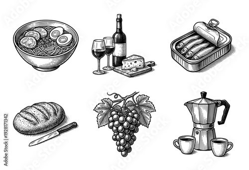 Set of hand drawn vintage food and drink illustrations in woodcut style featuring ramen wine cheese sardines bread grapes and coffee moka pot.