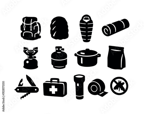 Solid vector icons of outdoor hiking gear: hiking backpack, rain cover, sleeping bag, ground mat, camp stove, gas canister,
