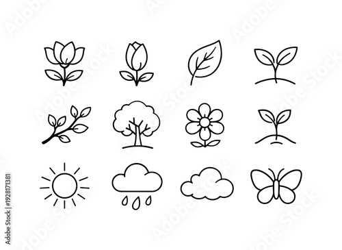 Line style vector icons of natural revival: bloom, bud, leaf, sprout; branch, tree, flower, shoot; sun, rain, cloud, butterfly