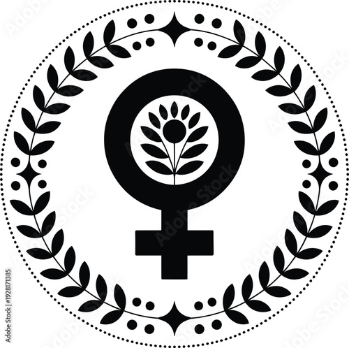 Female gender logo symbol within a black wreath, representing women empowerment