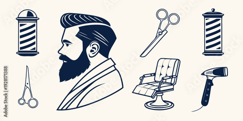 A collection of barber tools including scissors, combs, and razors Vector