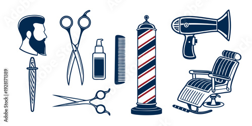 A collection of barber tools and equipment including scissors, combs, and hair dryers Vector