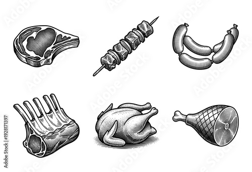 Set of assorted meat cuts and poultry products in a vintage woodcut engraving style featuring steak ribs chicken and sausages