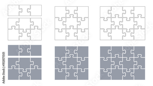 Puzzle template set with jigsaw piece outlines in various configurations. Vector puzzles set with different sizes. Blank patterns for games, business, educational projects, creative design work
