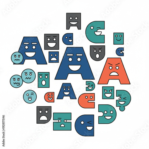 Playful Graphic Collection Emotive Faces and Stylized Alphabet Icons for Modern Digital Design Projects
