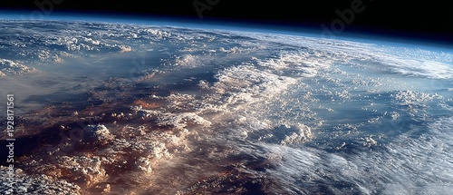 Aerial view of Earth's atmosphere, clouds, and terrain from space, showing curvature, light, and detailed textures