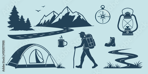 A hiker with a backpack and a tent enjoying a scenic mountain landscape Vector