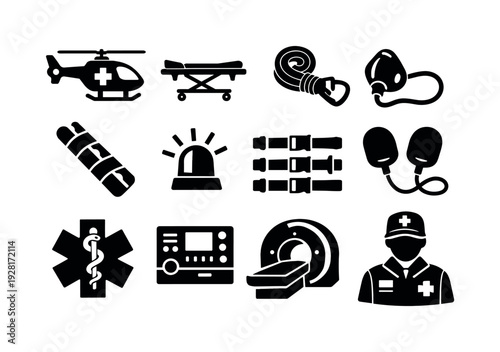 Solid vector icons of ambulance service: ambulance helicopter, stretcher trolley, rescue rope, oxygen mask, splint, emergency