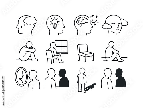Line style icons of introspective creative aesthetic: thought, idea, mind, dream; solitude, alone, window, chair; reflection,