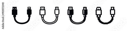 USB Cable Icons Set - Type-A to Micro-B Connector Symbols in Flat Styles