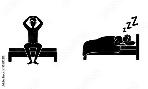 Black pictogram icons of a person stretching and sleeping in bed, representing daily routine, rest, and morning exercise concepts for health, wellness, and lifestyle design projects