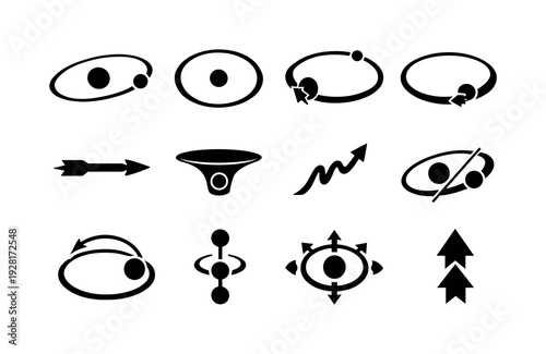 Solid vector icons of orbital mechanics: elliptical orbit, circular orbit, apogee, perigee, velocity vector, gravity well,