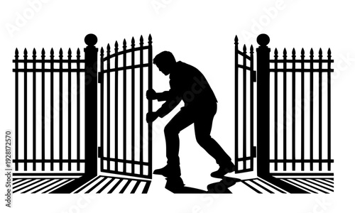 Black silhouette of a man breaking into a metal gate, depicting burglary, trespassing, or security breach concept for crime, safety, and surveillance design projects
