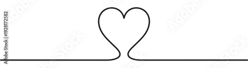 Continuous black line drawing of a heart symbol emerging from a horizontal path, representing love, connection, and romance in a minimalist, clean, and elegant graphic design style