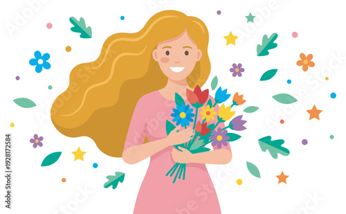 Happy cartoon woman with long blonde hair holds a colorful bouquet of flowers, smiling cheerfully in a celebratory flat design illustration with stars and confetti