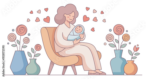 Loving mother gently holding her sleeping newborn baby while sitting in a cozy armchair, a tender scene with flowers and hearts in a pastel illustration style