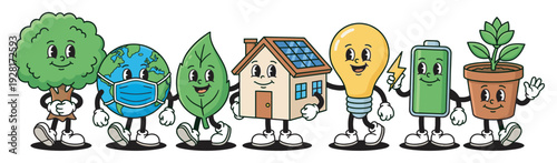 Group of cute cartoon environmental characters including a tree, planet earth, leaf, solar house, lightbulb, battery, and plant stand together in a friendly retro style