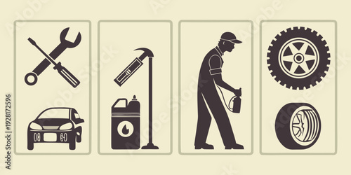 A collection of icons representing various aspects of car maintenance and repair. Vector