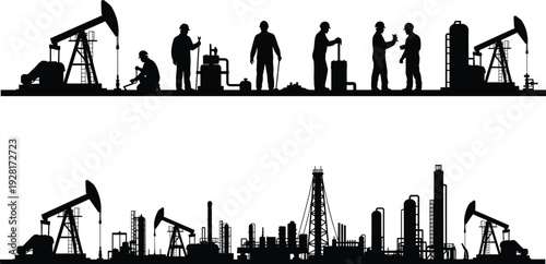 Oil industry and petroleum refinery silhouette collection featuring pumpjack, drilling rig, refinery plant, and workers isolated on white background for energy production concepts