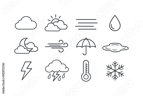 Line style of Cloudy day vector icons: Cloud, Sun behind cloud, Fog, Raindrop; Moon behind cloud, Wind, Umbrella, Puddle;