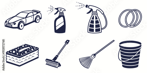 Assorted cleaning supplies and tools for various household chores Vector