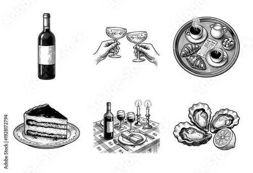 Vintage hand drawn engraving collection of restaurant dining elements including wine bottle oysters cake and cafe breakfast set