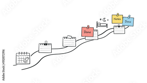 Milestone roadmap path, notebook strips as checkpoints, mini chart and calendar icons, pinned sticky notes for Hotel reservation