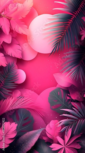 Wallpaper Mural Vibrant magenta tropical leaves frame a dark pink background with sparkling dust and scattered circular elements Torontodigital.ca