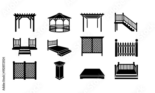 Black silhouette icon set of outdoor garden structures including pergola, gazebo, fence, deck, arbor, and pavilion designs for landscape architecture vector illustration