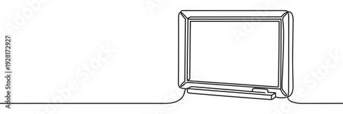Old retro computer monitor with a blank screen drawn in a continuous single line art style, a minimalist black and white illustration of vintage technology