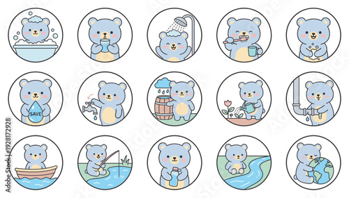 Collection of cute blue bear icons showing water conservation and daily routine activities like bathing, drinking, showering, saving water, and caring for the planet