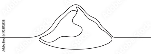 Single continuous line drawing of a mountain peak in a minimalist art style, featuring a simple, elegant black outline that creates a modern and abstract nature symbol
