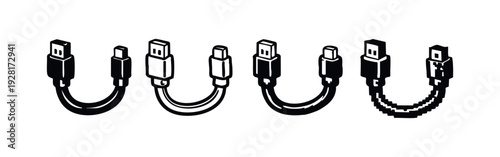Isometric USB-C Cable Icons Set - Type-A to Type-C Connector Symbols in Various Styles