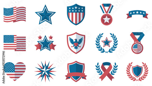 Collection of patriotic American-themed icons and symbols featuring flags, stars, shields, and medals in a classic red, white, and blue flat design style for national holidays