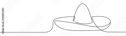 Traditional sombrero hat drawn with a single continuous black line in a minimalist art style, showcasing an elegant and simple silhouette for cultural or festive concepts