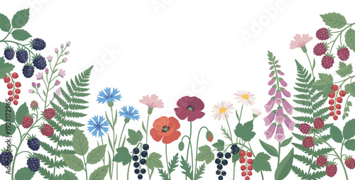 Decorative botanical border of summer wildflowers and forest berries like poppy, cornflower, foxglove, and raspberry in a charming flat vector illustration style