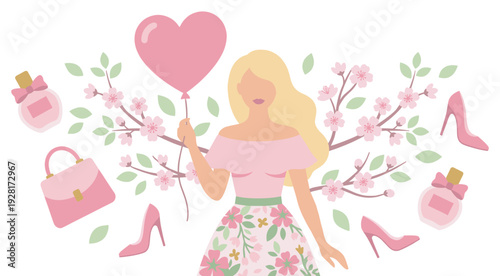 Faceless blonde woman in a pink floral dress holds a heart-shaped balloon, surrounded by shoes, perfume, handbags, and blooming sakura branches in a flat design